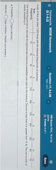 Homework M05b Homework 8 1 8 2 A Pair Of Dice Are Rolled 1 000 Times With The Following Frequencies Of Outcomes Sum 1