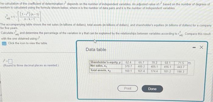 He Calculation Of The Coefficient Of Determination 2 Depends On The Number Of Independent Variables An Adjusted Value 1