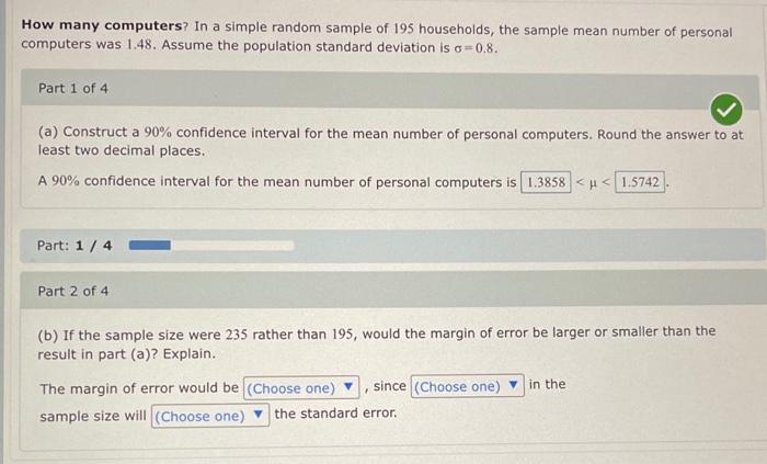 How Many Computers In A Simple Random Sample Of 195 Households The Sample Mean Number Of Personal Computers Was 1 48 1