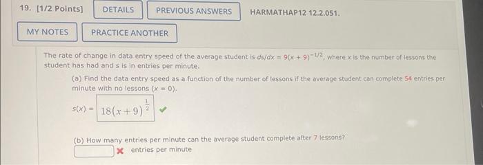 19 1 2 Points Details My Notes Previous Answers Harmathap12 12 2 051 Practice Another The Rate Of Change In Data Ent 1