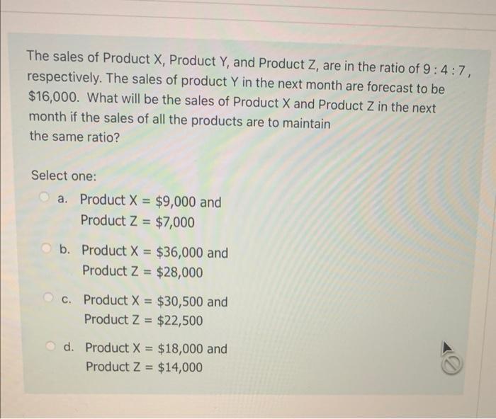 The Sales Of Product X Product Y And Product Z Are In The Ratio Of 9 4 7 Respectively The Sales Of Product Y In The 1