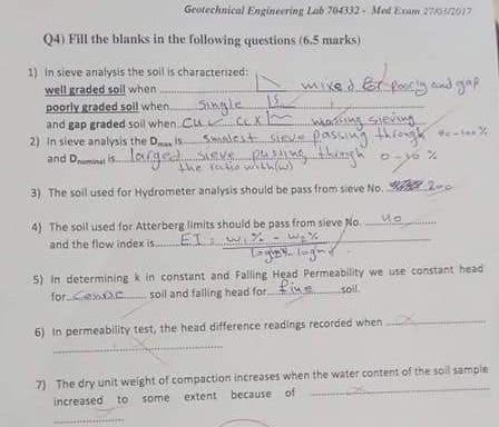 Geotechnical Engineering Lab 70832 Moda 2013 04 Fill The Blanks In The Following Questions 6 5 Marks 1 In Sieve An 1