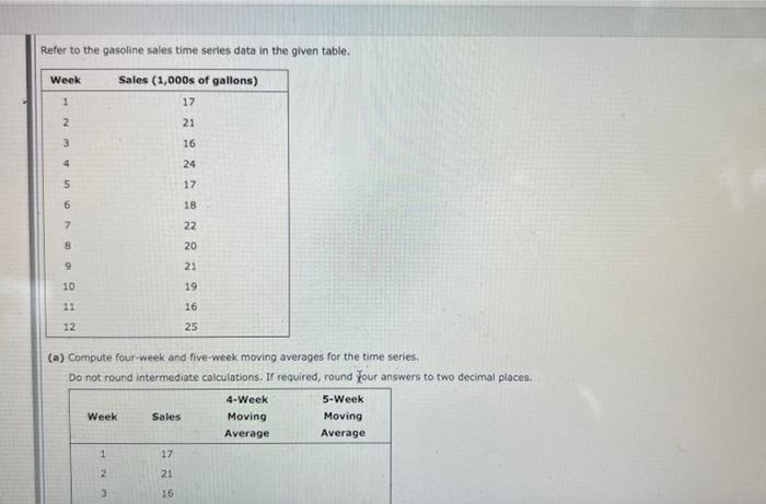 Refer To The Gasoline Sales Time Series Data In The Given Table Week 1 2 3 4 5 6 7 8 9 10 11 12 A Compute Four Week A 1