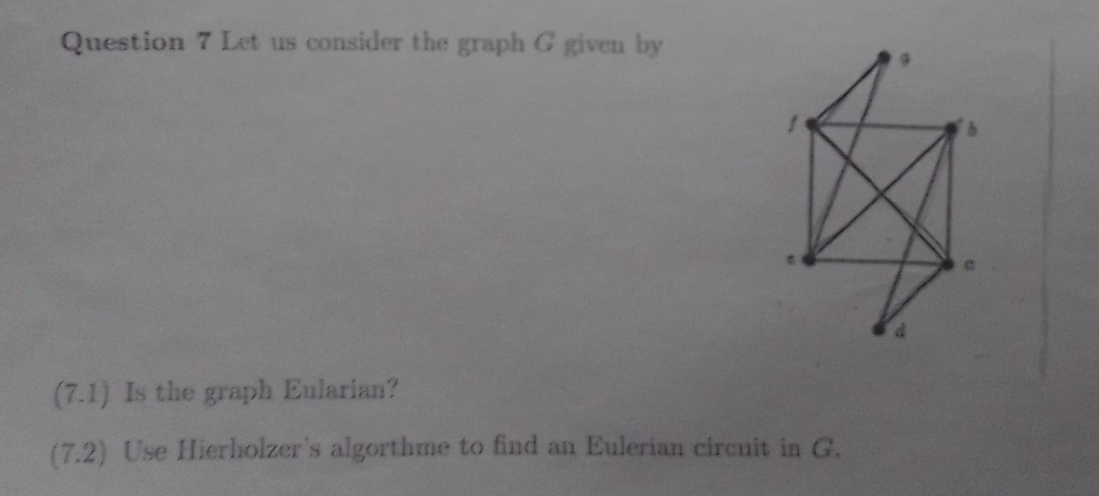 Question 7 Let Us Consider The Graph G Given By 7 1 Is The Graph Eularian 7 2 Use Hierholzer S Algorthme To Find An 1
