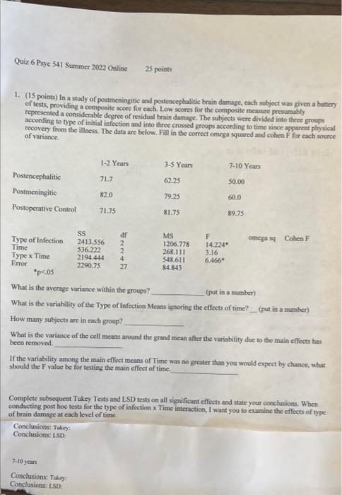 Quiz 6 Psyc 541 Summer 2022 Online 1 15 Points In A Study Of Postmeningitic And Postencephalitic Brain Damage Each S 1