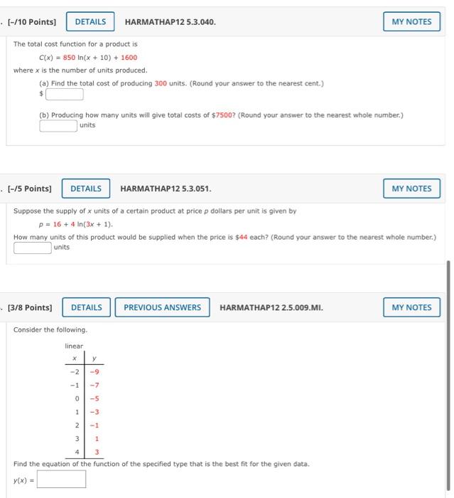 10 Points The Total Cost Function For A Product Is C X 850 In X 10 1600 Where X Is The Number Of Units Pro 1
