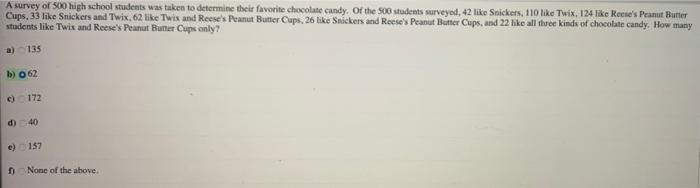 A Survey Of 500 High School Students Was Taken To Determine Their Favorite Chocolate Candy Of The 500 Students Surveyed 1