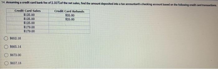 14 Assuming A Credit Card Bank Fee Of 2 35 Of The Net Sales Find The Amount Deposited Into A Tax Accountant S Checkin 1