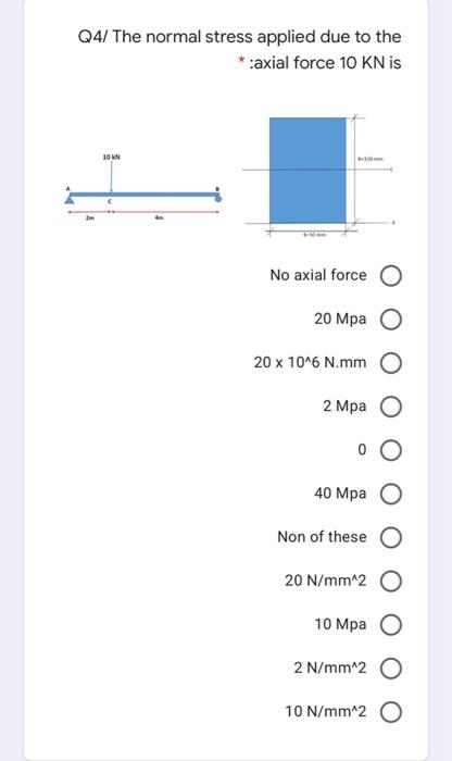 Q4 The Normal Stress Applied Due To The Axial Force 10 Kn Is In No Axial Force O 20 Mpa 20 X 10 6 N Mm 2 Mpa 40 Mpa 1