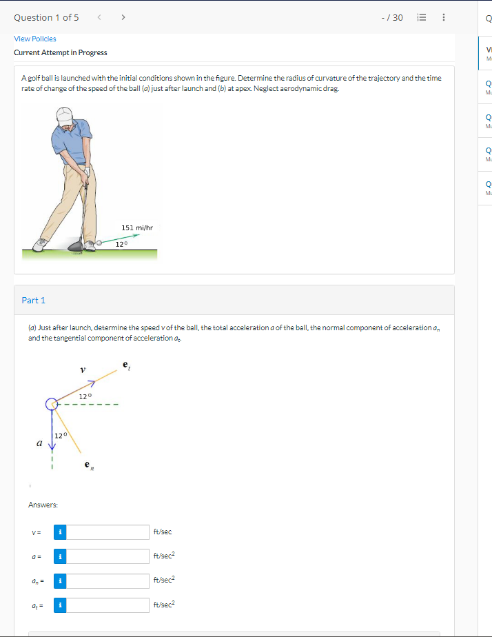 Question 1 Of 5 30 0 O View Policies Current Attempt In Progress V M A Golf Ball Is Launched With The Initial Condit 1