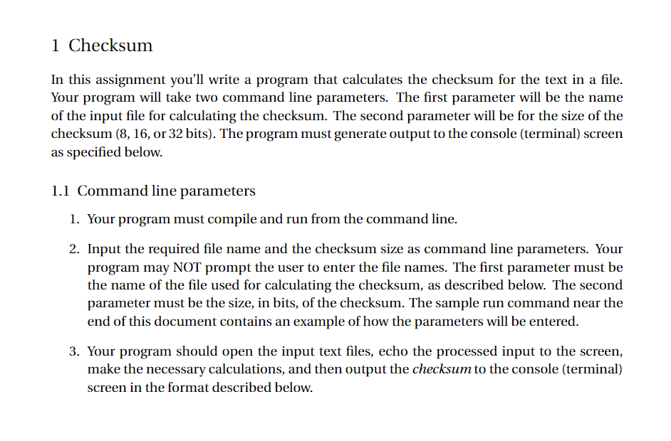 1 Checksum In This Assignment You Ll Write A Program That Calculates The Checksum For The Text In A File Your Program W 1