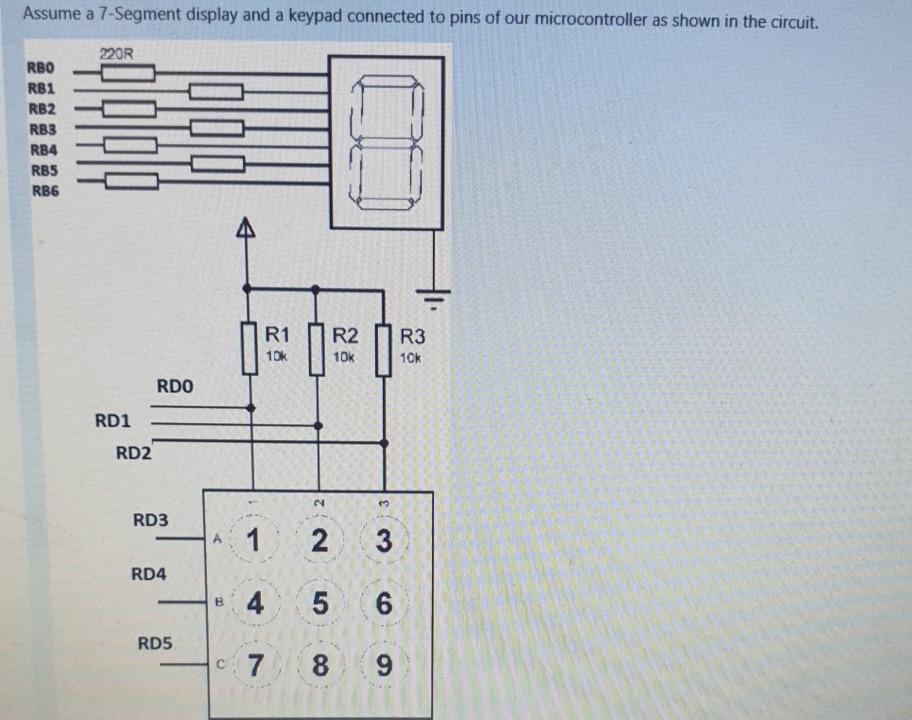 Assume A 7 Segment Display And A Keypad Connected To Pins Of Our Microcontroller As Shown In The Circuit 220r Rbo Rb1 R 1