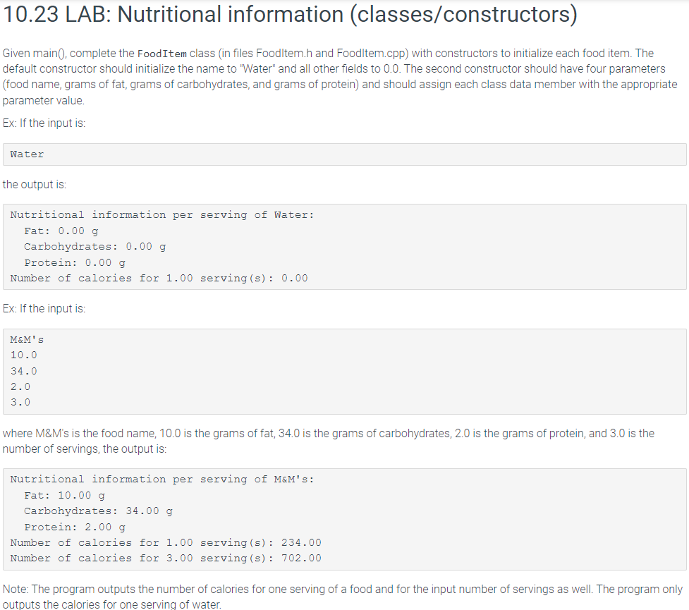 10 23 Lab Nutritional Information Classes Constructors Given Main Complete The Food Item Class In Files Foodltem 1