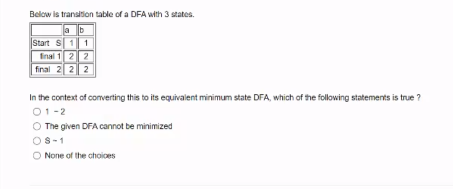 Below Is Transition Table Of A Dfa With 3 States A B Start S 1 1 Final 1 2 2 Final 2 2 2 In The Context Of Converting T 1