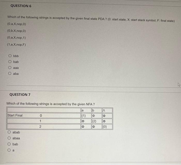 Question 6 Which Of The Following Strings Is Accepted By The Given Final State Pda 0 Start State X Start Stack Symb 1