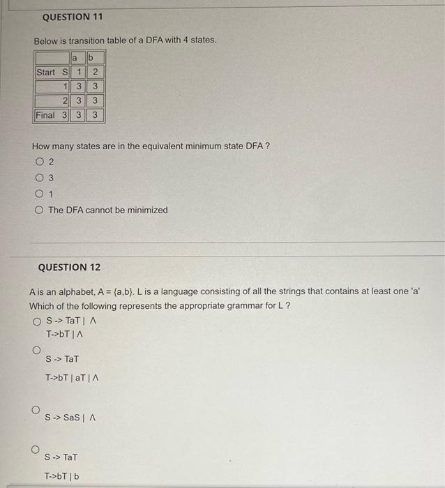 Question 11 Below Is Transition Table Of A Dfa With 4 States A B Start S 1 2 1 3 2 3 Final 3 3 23 How Many States Are I 1