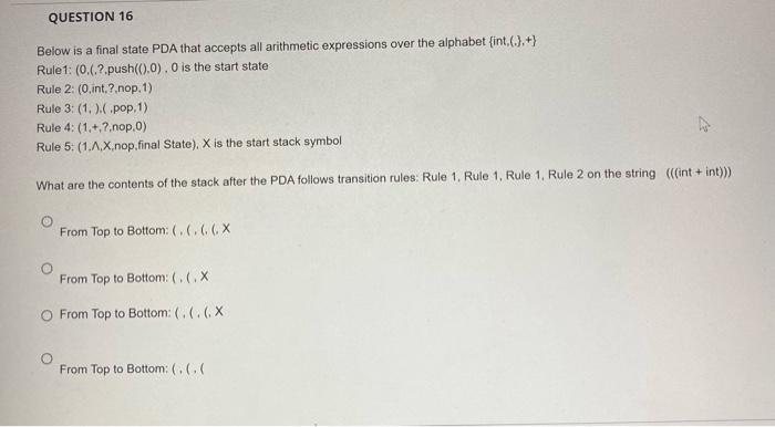 Question 16 Below Is A Final State Pda That Accepts All Arithmetic Expressions Over The Alphabet Int Rule1 0 1
