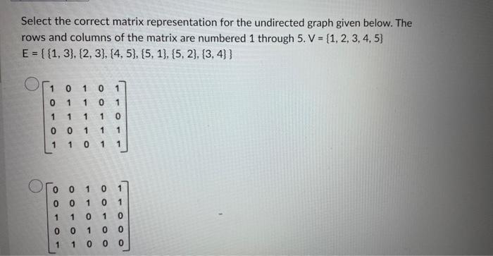Select The Correct Matrix Representation For The Undirected Graph Given Below The Rows And Columns Of The Matrix Are Nu 1