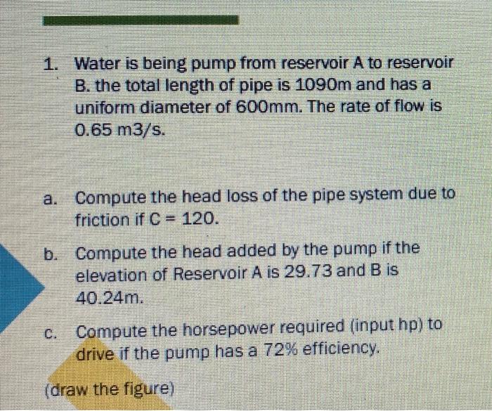 1 Water Is Being Pump From Reservoir A To Reservoir B The Total Length Of Pipe Is 1090m And Has A Uniform Diameter Of 1