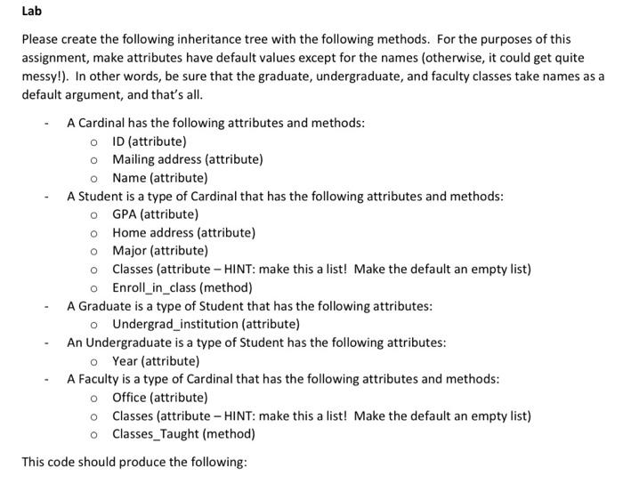 Lab Please Create The Following Inheritance Tree With The Following Methods For The Purposes Of This Assignment Make A 1