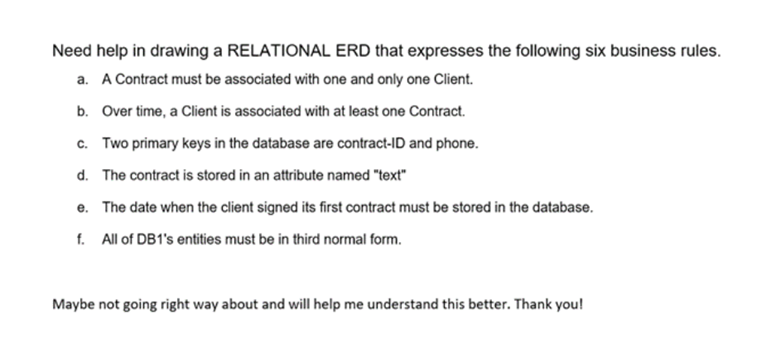 Need Help In Drawing A Relational Erd That Expresses The Following Six Business Rules A A Contract Must Be Associated 1