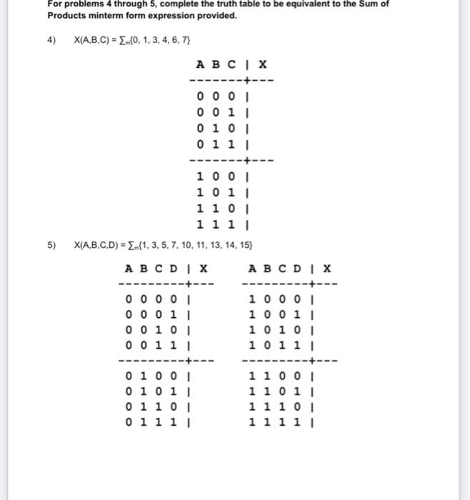 For Problems 4 Through 5 Complete The Truth Table To Be Equivalent To The Sum Of Products Minterm Form Expression Provi 1