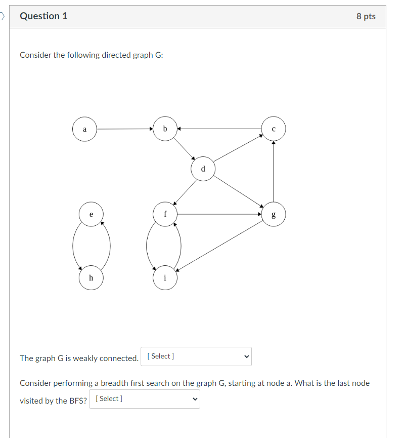 Question 1 Consider The Following Directed Graph G A To H B F I The Graph G Is Weakly Connected Select D G 8 Pts C 1