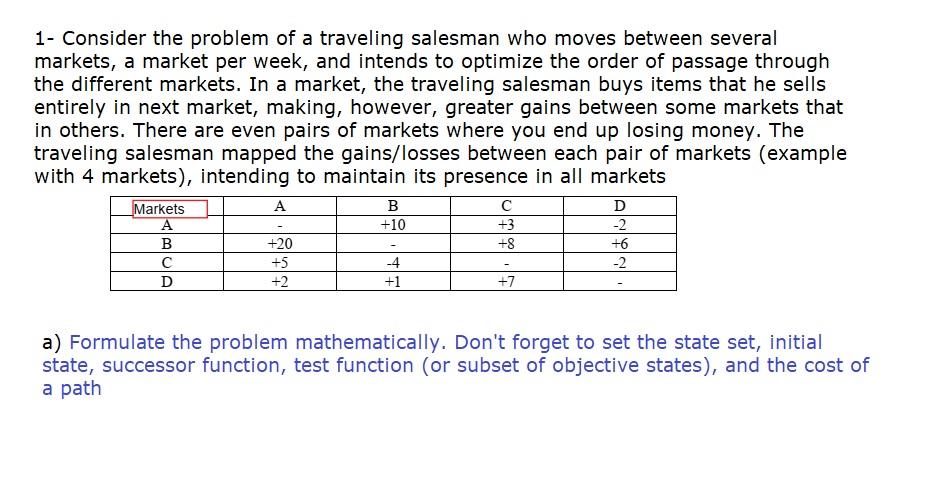 1 Consider The Problem Of A Traveling Salesman Who Moves Between Several Markets A Market Per Week And Intends To Opt 1