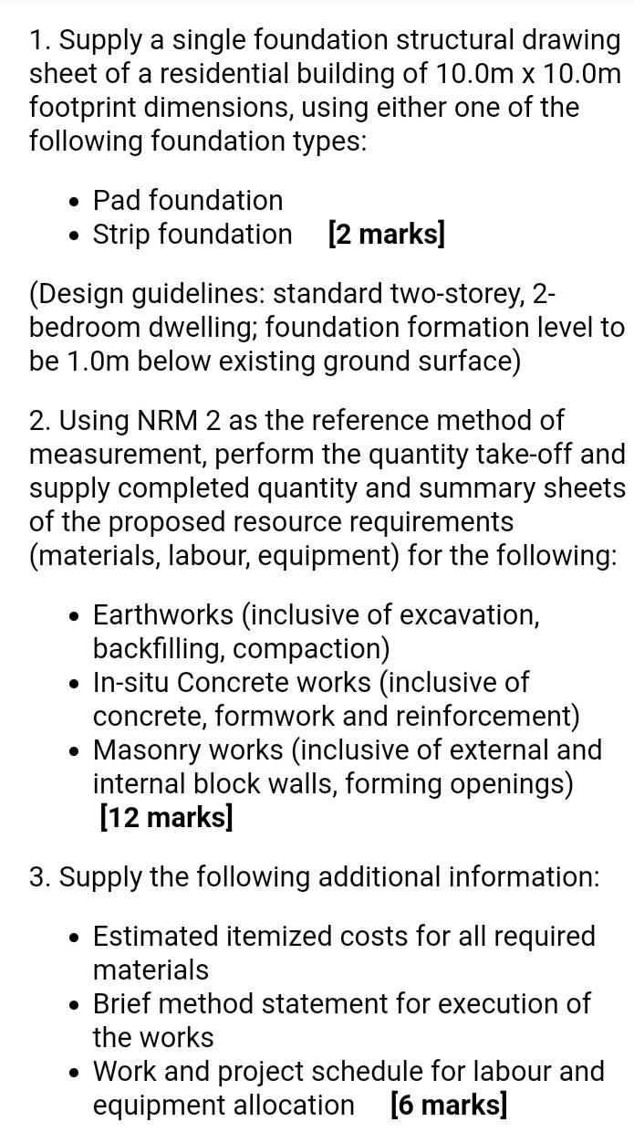 1 Supply A Single Foundation Structural Drawing Sheet Of A Residential Building Of 10 0m X 10 0m Footprint Dimensions 1