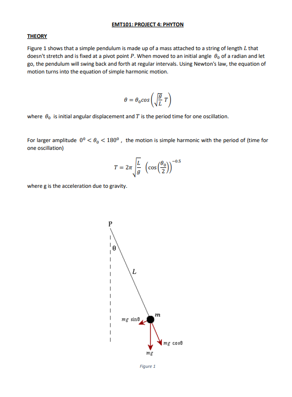 Theory Emt101 Project 4 Phyton Figure 1 Shows That A Simple Pendulum Is Made Up Of A Mass Attached To A String Of Leng 1