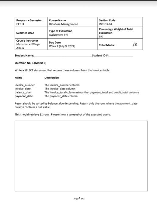 Program Semester Cet Iii Summer 2022 Course Instructor Muhammad Waqar Aslam Course Name Database Management Invoice Nu 1