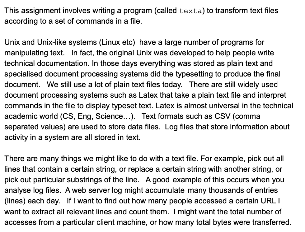 This Assignment Involves Writing A Program Called Texta To Transform Text Files According To A Set Of Commands In A Fi 1