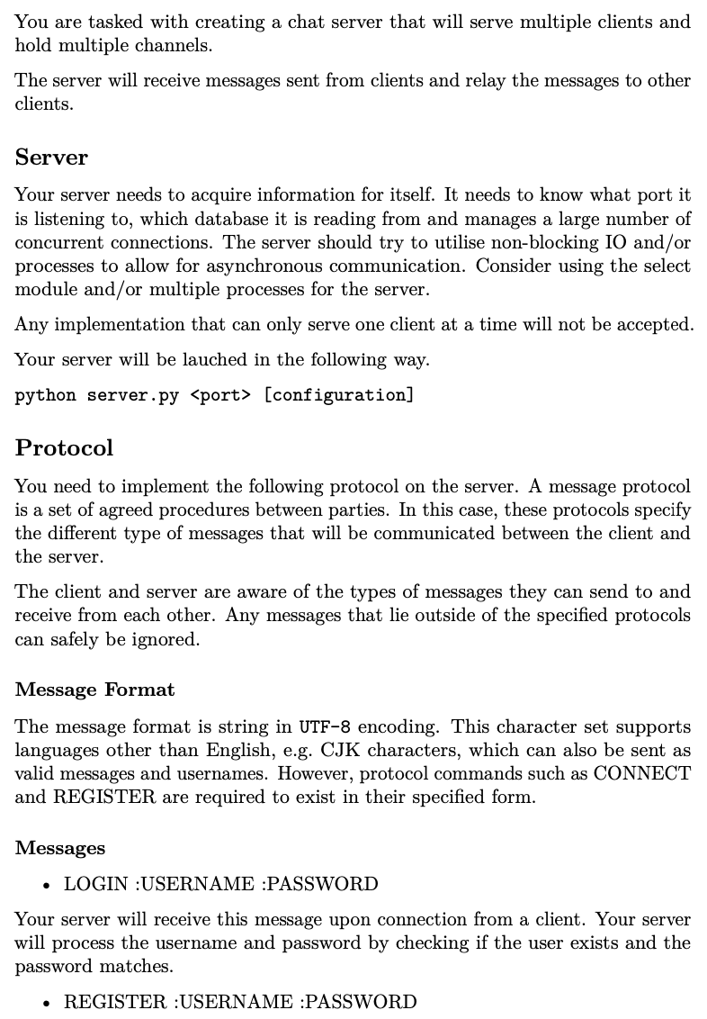 You Are Tasked With Creating A Chat Server That Will Serve Multiple Clients And Hold Multiple Channels The Server Will 1