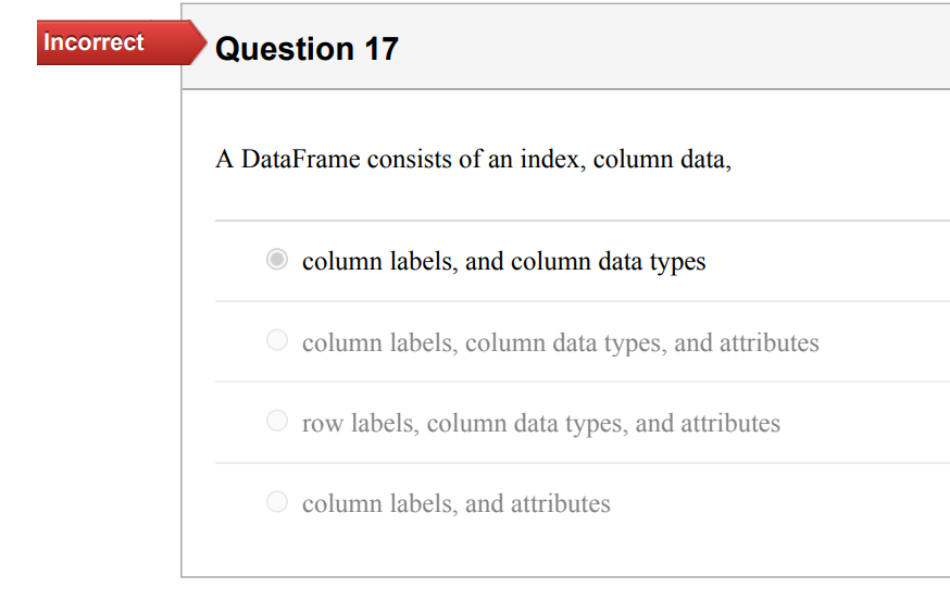 Incorrect Question 17 A Dataframe Consists Of An Index Column Data Column Labels And Column Data Types Column Labels 1