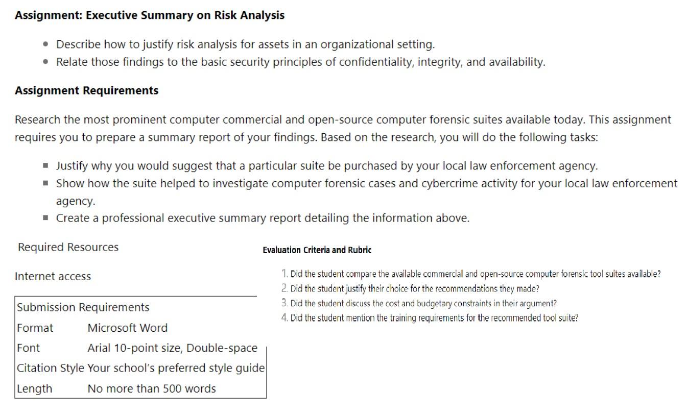 Assignment Executive Summary On Risk Analysis Describe How To Justify Risk Analysis For Assets In An Organizational S 1