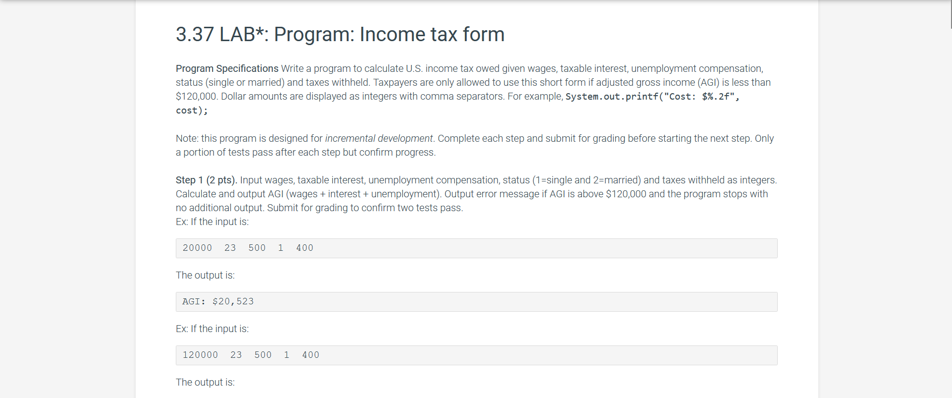 3 37 Lab Program Income Tax Form Program Specifications Write A Program To Calculate U S Income Tax Owed Given Wages 1
