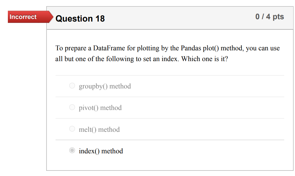 Incorrect Question 18 To Prepare A Dataframe For Plotting By The Pandas Plot Method You Can Use All But One Of The Fo 1