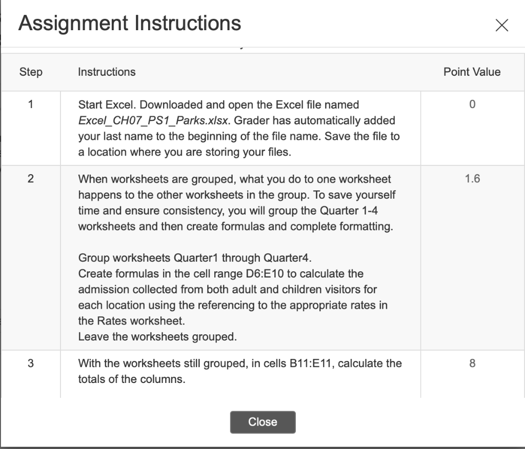 Assignment Instructions Step 1 2 3 Instructions Start Excel Downloaded And Open The Excel File Named Excel Ch07 Ps1 Par 1