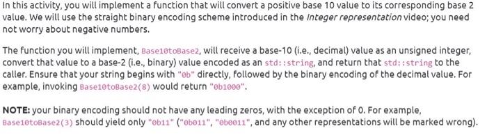 In This Activity You Will Implement A Function That Will Convert A Positive Base 10 Value To Its Corresponding Base 2 V 1