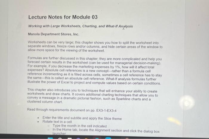 Lecture Notes For Module 03 Working With Large Worksheets Charting And What If Analysis Manola Department Stores Inc 1