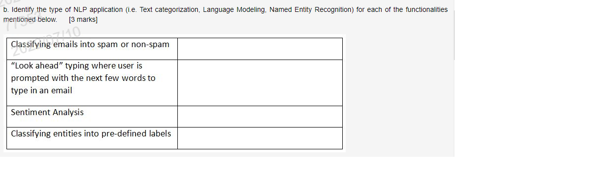 B Identify The Type Of Nlp Application I E Text Categorization Language Modeling Named Entity Recognition For Each 1