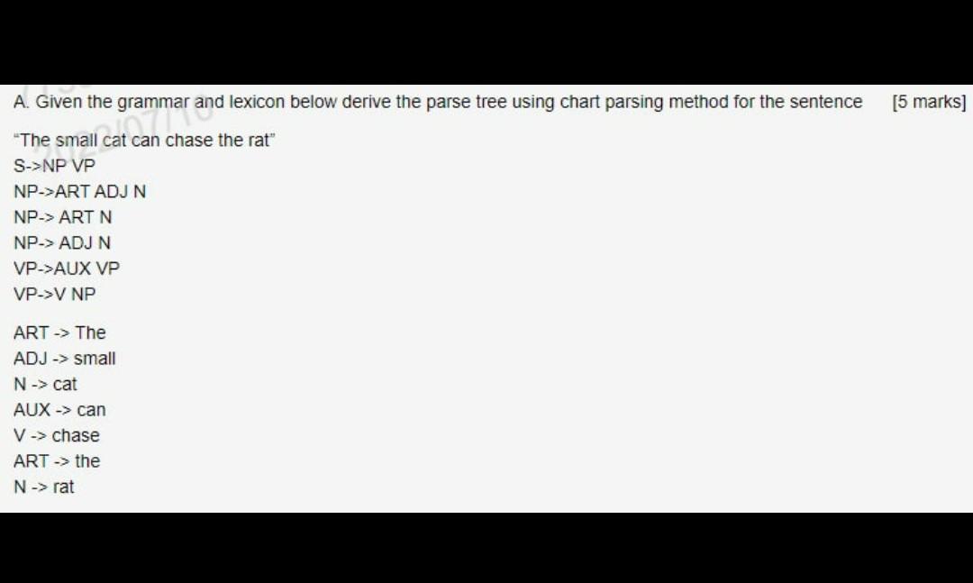 A Given The Grammar And Lexicon Below Derive The Parse Tree Using Chart Parsing Method For The Sentence The Small Cat 1