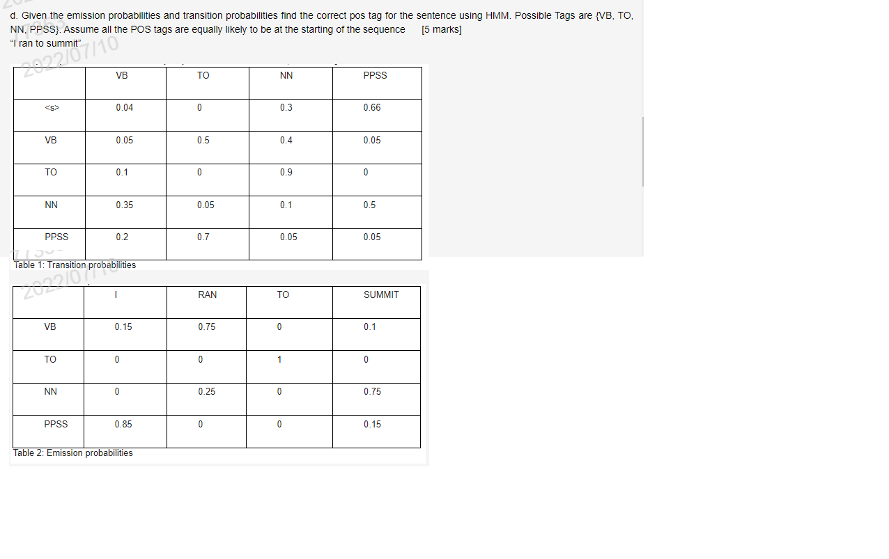 D Given The Emission Probabilities And Transition Probabilities Find The Correct Pos Tag For The Sentence Using Hmm Po 1
