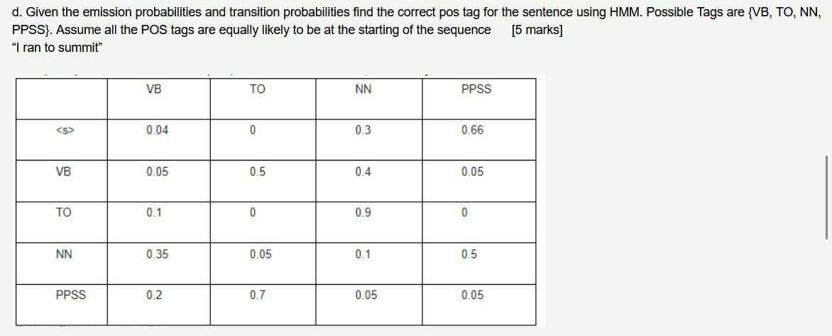D Given The Emission Probabilities And Transition Probabilities Find The Correct Pos Tag For The Sentence Using Hmm Po 1