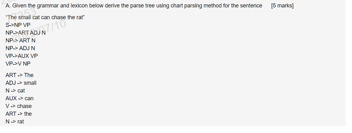 A Given The Grammar And Lexicon Below Derive The Parse Tree Using Chart Parsing Method For The Sentence 1253 The Smal 1