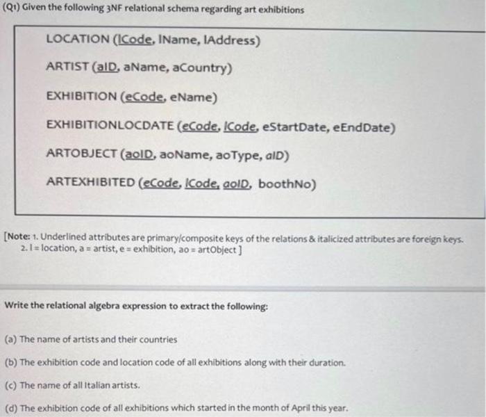 Q1 Given The Following 3nf Relational Schema Regarding Art Exhibitions Location Icode Iname Iaddress Artist Ald 1