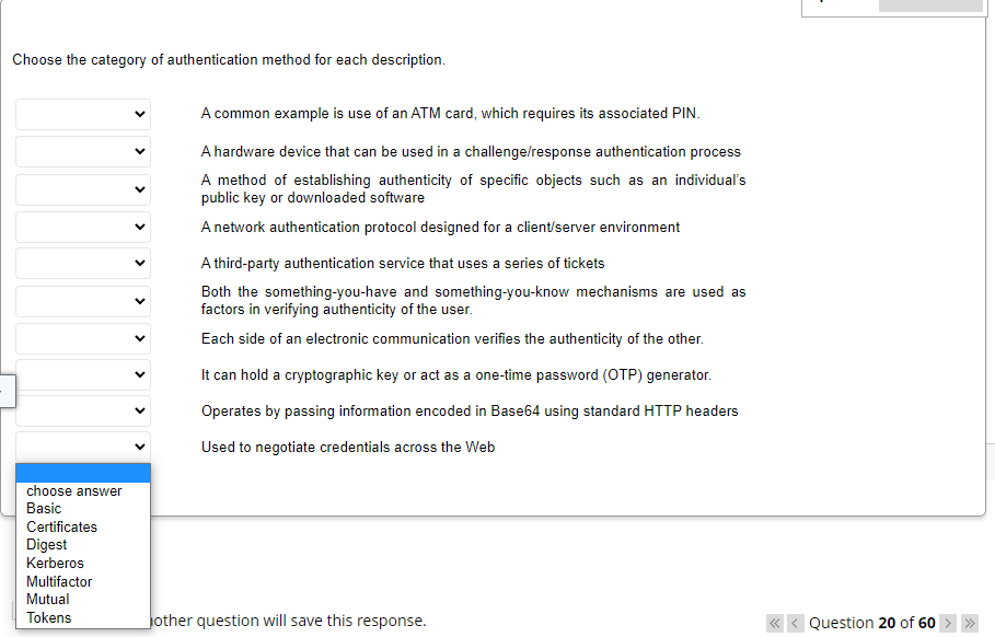 Choose The Category Of Authentication Method For Each Description Choose Answer Basic Certificates Digest Kerberos Mult 1