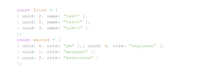 Using Javascript Please Thank You Implement A Js Function To Merge Two Arrays Of Objects On Uuid But First Has Uuid A 1