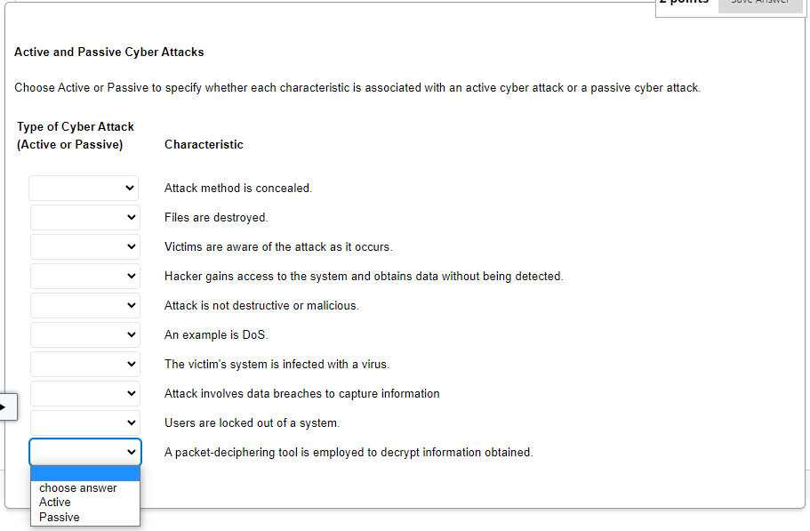 Active And Passive Cyber Attacks Choose Active Or Passive To Specify Whether Each Characteristic Is Associated With An A 1