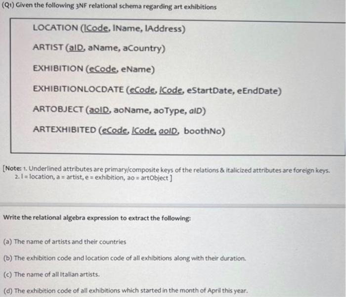 Q1 Given The Following 3nf Relational Schema Regarding Art Exhibitions Location Icode Iname Iaddress Artist Ald 1